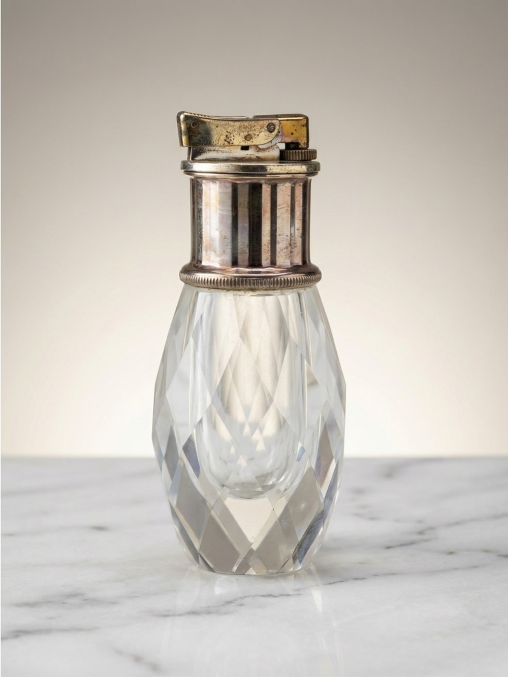 Vintage Cut Crystal Table Lighter | Silver Tone | Mid Century Bar Cart